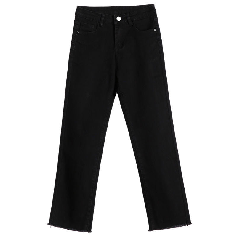 High Waist Slim Black Straight-leg Pants Cropped Jeans