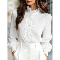 Womens Solid-Color French-Elegant Ruffle-Trimmed Shirt