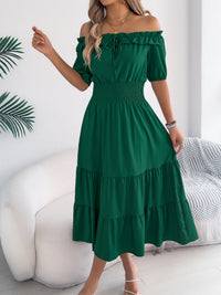 Casual Off-shoulder Ruffled Short-sleeve Belted Waistline Maxi Dress