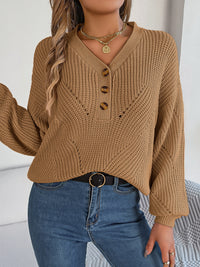 Women Hollow Out V-Neck Button Lantern Sleeve Pullover Sweater