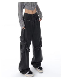 Slimming Large Pocket Design High Waist Straight Wide Leg Jeans