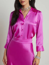 Satin Rayon Shirt Women's Solid Color Top Elegant Lapel