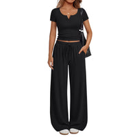 Women's Loungewear Short-Sleeve Top And Wide-Leg Pants Set