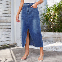 Washed Elastic Waist Split Denim Midi Dress