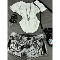 Womens American-style Spiderweb Print Diamond Skull And Star Denim Shorts