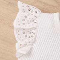 Lace Sleeve Sunken Stripe Romper Plaid Bag Fart Pants Hair Band Girls Suit