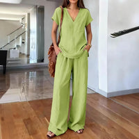Fashionable V-neck Short-sleeve T-shirt And Wide-leg Pants Womens Suit