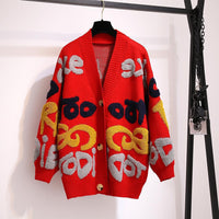 Foreign Trade Korean Style Loose And Idle Style Letter V-neck Mid-length Sweater
