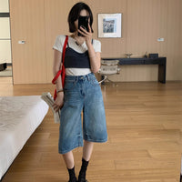 Retro High Waist Denim Water Blue Fifth Wide-leg Pants