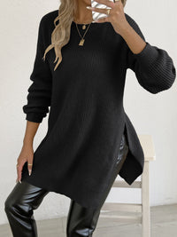 Crew-neck Pullover Slit Design Machine-knit Casual Sweater