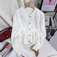 Women's Patchwork Floral Knit Cardigan Round Neck Warm Sweater