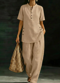 Womens Comfortable Linen Two-Piece Set Button-Up Shirt And Wide-Leg Pants