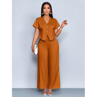 Short-sleeve V-neck Irregular Cardigan And Straight-leg Wide-leg Pants Set