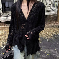 Womens V-neck Hollow-Out Crochet Long-Sleeve Lace Shirt
