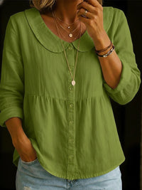 Summer New Peter Pan Collar Linen-Cotton Solid Color Shirt Womens Loose Slimming Three-Quarter Sleeve Casual All-Match Top