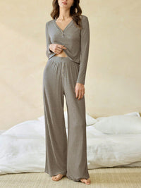 Casual Color Cotton Long-Sleeve Top And Pants Two-Piece Set