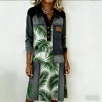 Womens Crew-Neck Pocketed Fashionable Elegant Contrast-Piece Joint Dress