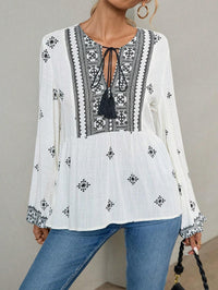 Retro National Style Half-open Collar Lace-up Loose Lantern Sleeve Shirt