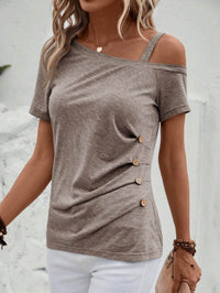 EMERY ROSE Asymmetrical Collar Button Detail T-Shirt