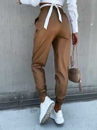 Temperament Mid-length Casual Leather Pants Pocket Women