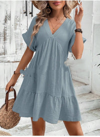 Vacation Style Big Ruffle V-Neck Solid Color Loose Short Skirt