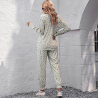 V-neck Long Sleeve Top Trousers Suit Printed Loose Pajamas For Women