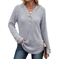 Solid Color And V-neck Button Loose Hooded Fleece Knitted Top