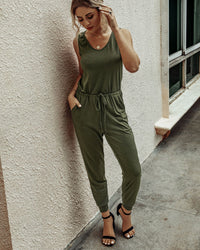 Round neck vest tie Solid Color Jumpsuit