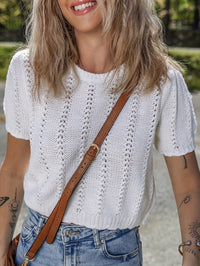 Stylish French-style Crew-neck Mesh Hollow-out Knit Short-sleeve Top