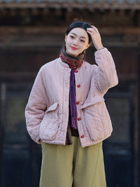 Womens Retro Colorblock Button-Loop Loose Short Cotton Padded Jacket