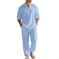 Mens Loose-Fit Long-sleeved Suit Casual Breathable V-Neck Henley Shirt And Long Pants Set Beach Clothing
