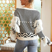 Women's Fashion Plaid V-neck Tassel Sweater