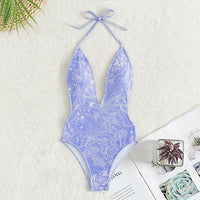 Printed Slim Fit One Piece Swimwear Deep V-Neck Triangle Bikini