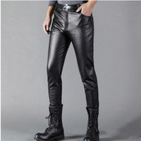 Korean Style Skinny Leather Men's Feet Pants High Stretch And Velvet