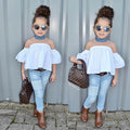 One-line neck strapless jeans suit