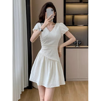 V-neck Puffed-sleeve Dress For Women Designer-style With Pleated Waist-cinching Details