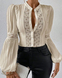 Women's Solid-Color Stand-Collar Shirt With Lace Panels Puff Sleeves