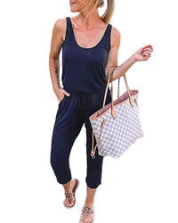 Round neck vest tie Solid Color Jumpsuit