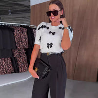 Round Neck Bowknot Short Sleeve Pullover Knitted Sweater