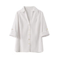 White V-neck Roll-up Sleeve Linen Blend Shirt