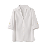 White V-neck Roll-up Sleeve Linen Blend Shirt