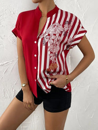 Double Contrast Color Floral Button Cardigan Short Sleeve Shirt