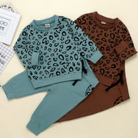 Leopard print top and sweatshirt solid color trousers