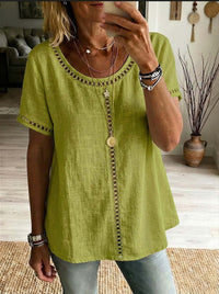 Women's Spring Summer Comfortable Casual Patchwork Hollowed-Out Trim Top T-Shirt