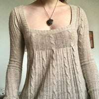 Retro Low Collar Square Collar Twisted Khaki Sweater