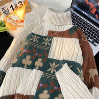 Fleece-lined Thickened Turtleneck Retro Art Design Sweater Warm