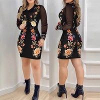 Womens Mesh Long-Sleeve V-Neck Slim-Fit Printed Dress