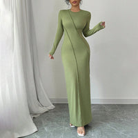 Casual Slim-fit Solid-color Long-sleeve Crew-neck Sheath Dress