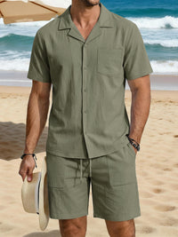 Men's Vacation Cotton-Linen Casual Loose-Fit Long-Sleeve Shirt And Beach Shorts Set