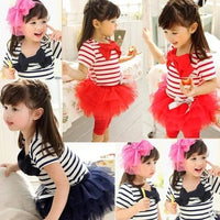 New Summer Striped Bow Girl-net Short Sleeve Set T-shirt 7 Skirt Pants